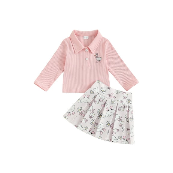 Qmyliery Baby Girls 2 Piece Outfits Animal Embroidery Long Sleeve Turndown Collar Tops and Floral Print Elastic Waist Skirt Set