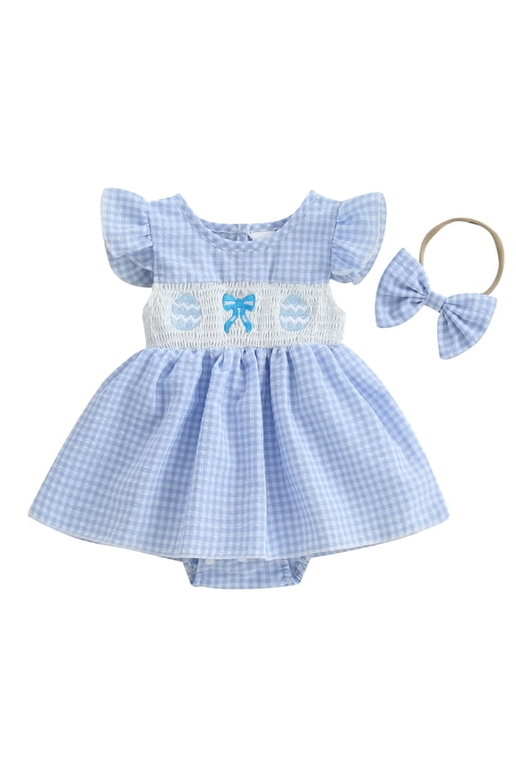 Baby Girls Easter Romper Dress Plaid Printed Flying Sleeve Round Neck Jumpsuit with Bow Headband 3 6 12 18 Months