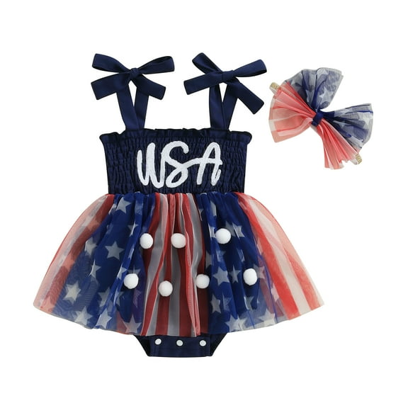 Qmyliery Baby Girls Fourth of July Outfits Sleeveless Tulle Romper + Headband Set Newborn Clothes 3 6 9 12 18 Months