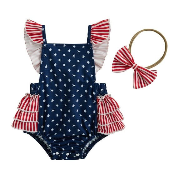 Qmyliery Baby Girls Independence Day Romper 3 6 9 12 Months Flying Sleeve Star Stripe Print Jumpsuit with Headband