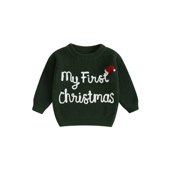 Qmyliery Baby Girls Knit Sweater Christmas Hat and Letter Embroidery Crew Neck Pullover Long Sleeve Tops