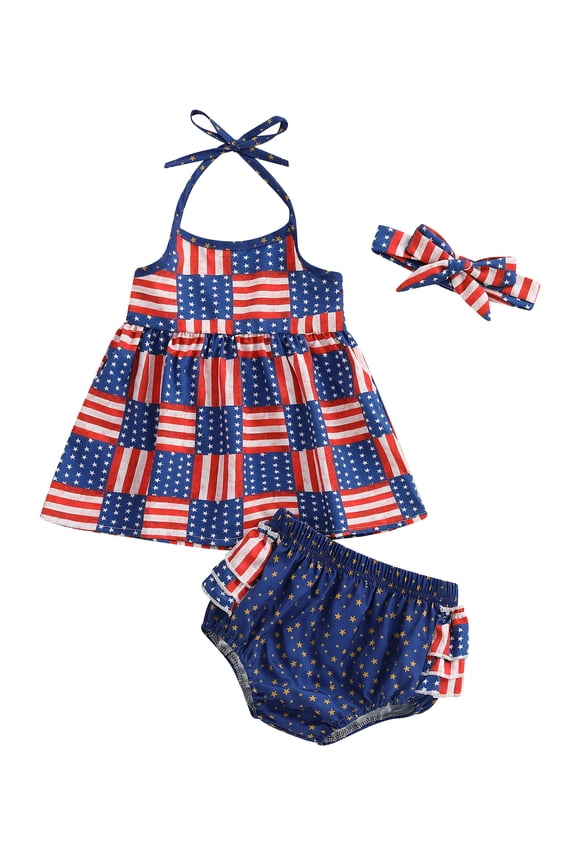 Baby Girls Shorts Set, Stars Striped Tie-up Halter Top with Shorts Headband Summer Outfit 4th of July Clothing 3 6 12 18 Months