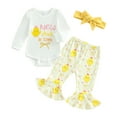 thumbnail image 1 of Qmyliery Baby Girls Spring Clothes Long Sleeve Letter Print Romper with Chick Pattern Flare Pants and Headband 1 3 6 12 Months, 1 of 10