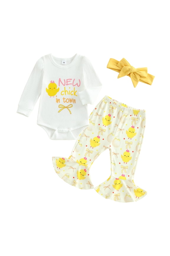 Baby Girls Spring Clothes Long Sleeve Letter Print Romper with Chick Pattern Flare Pants and Headband 1 3 6 12 Months
