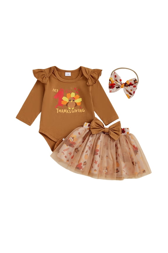 Baby Girls Thanksgiving Outfits Letter Long Sleeve Romper with Turkey Print Tulle Mini Skirt and Bow Headband