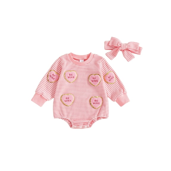 Qmyliery Baby Girls Valentines Day Romper Stripe Heart Embroidery Long Sleeve Round Neck Jumpsuit with Headband
