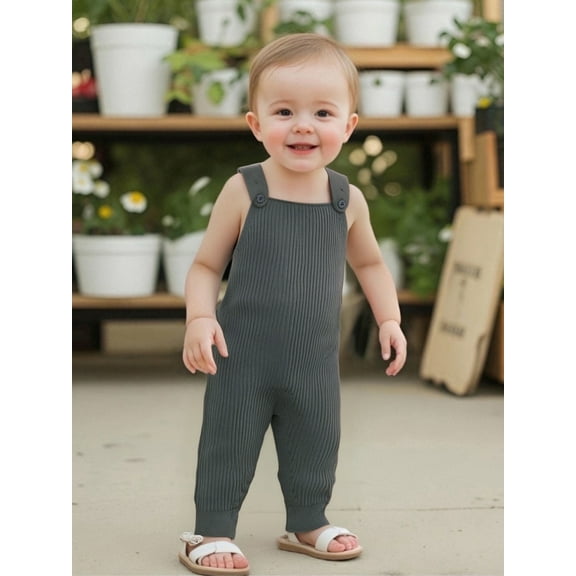 Qmyliery Baby Knit Jumpsuits Sleeveless Square Neck Solid Color Rompers Overalls Newborn Outfit