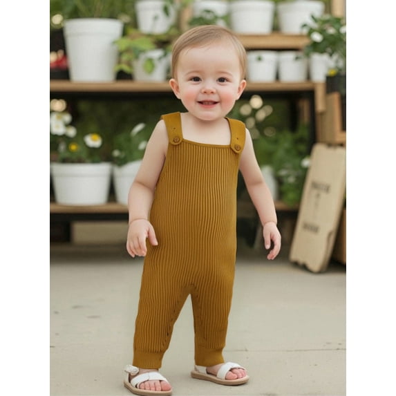 Qmyliery Baby Knit Jumpsuits Sleeveless Square Neck Solid Color Rompers Overalls Newborn Outfit
