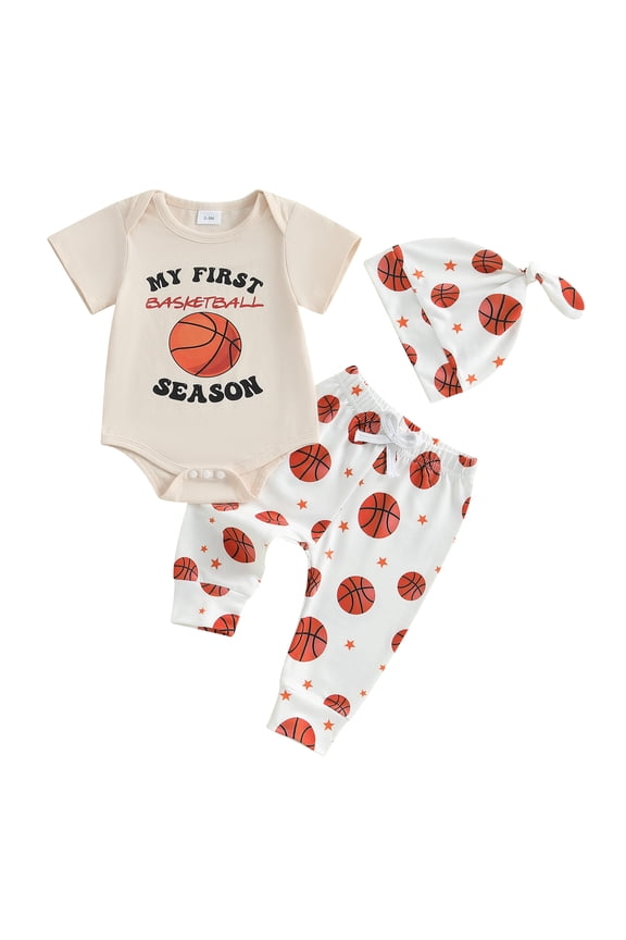 Baby Summer Outfits Short Sleeve Round Neck Romper with Basketball Print Pants and Hat 3 Pcs Set 3 6 12 18 Months