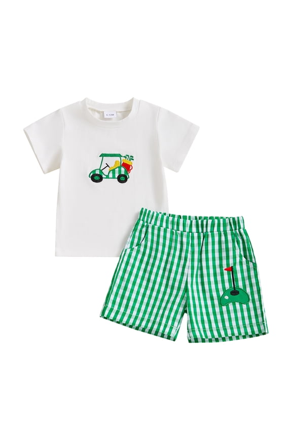Baby Toddler Boy Golf Outfit Cart Embroidery Short Sleeve T-shirt Plaid Shorts with Pockets 2 Pcs Set 6 12 18 24 Months 3 Years