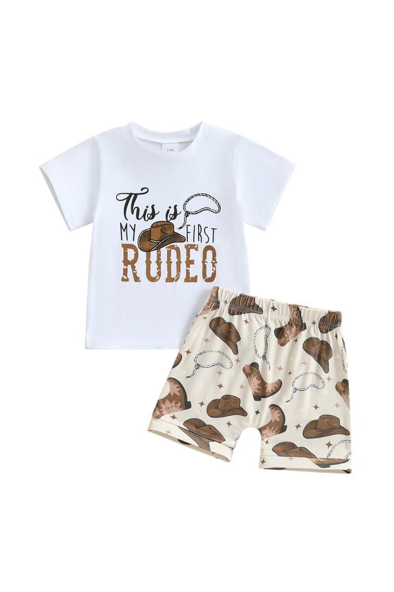 Baby Toddler Boy Western Outfit Letter Short Sleeve T-shirt Boot Shorts 2 Piece Summer Set 3 6 12 18 24 Months 3 Years