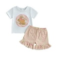thumbnail image 1 of Qmyliery Baby Toddler Girl Easter Outfit Bunny Embroidery Short Sleeve T-shirts Plaid Ruffle Shorts 2 Piece Summer Set, 1 of 10
