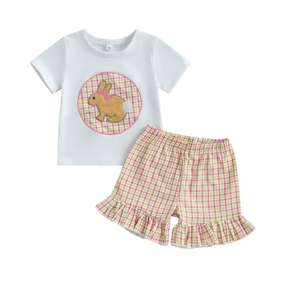 Qmyliery Baby Toddler Girl Easter Outfit Bunny Embroidery Short Sleeve T-shirts Plaid Ruffle Shorts 2 Piece Summer Set