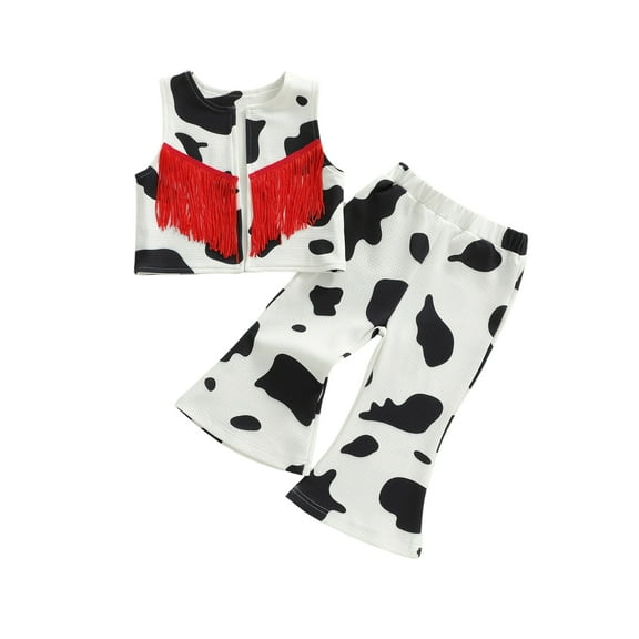 Qmyliery Baby Western Style 2 Piece Outfits Sleeveless Crew Neck Cow Print Zipper Tops Elastic Waist Flared Pants Set