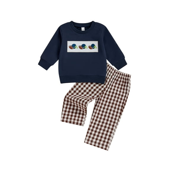 Qmyliery Boys Autumn 2Pcs Pants Sets Long Sleeve O Neck Rugby Embroidery Tops Plaid Pants Sets