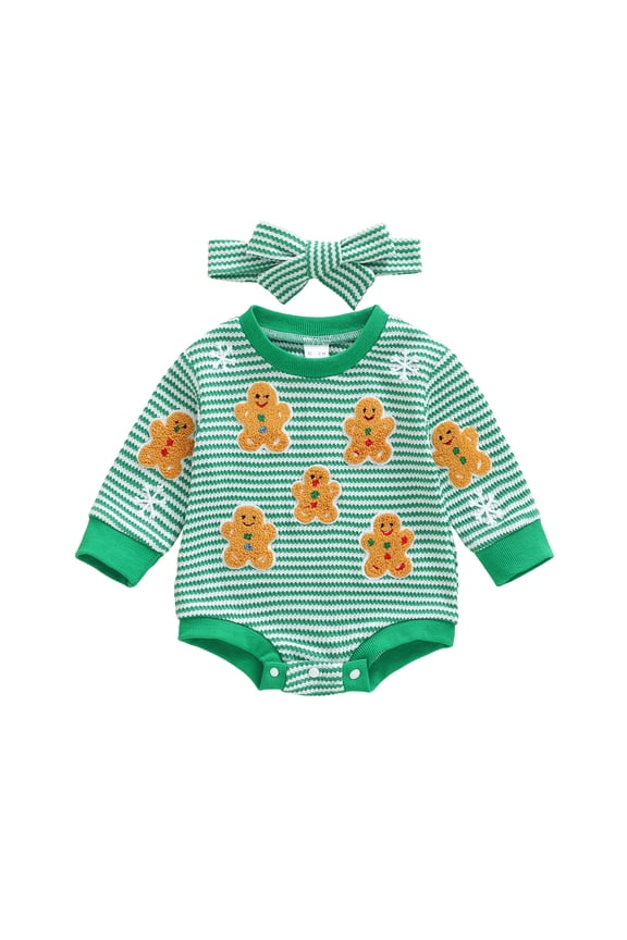 Christmas Infant Girl Outfit Long Sleeve Crew Neck Stripe Print Gingerbread Man Embroidery Romper with Headband Set