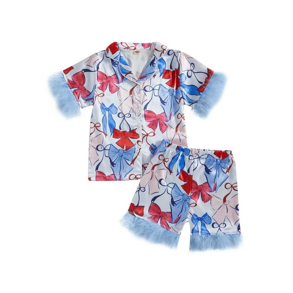 Qmyliery Girls Fourth of July Pajamas Set Short Sleeve Bow Print Button Down Shirts and Shorts Set Sleepwear 1 2 3 4 5 6 7 8 9 Years