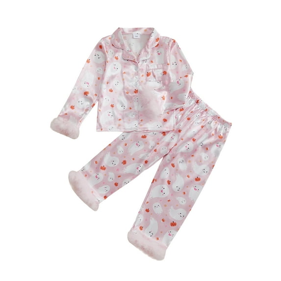 Qmyliery Girls Halloween Pajamas Set Long Sleeve Ghost Print Fur Cuffs Shirts and Pants Set Sleepwear