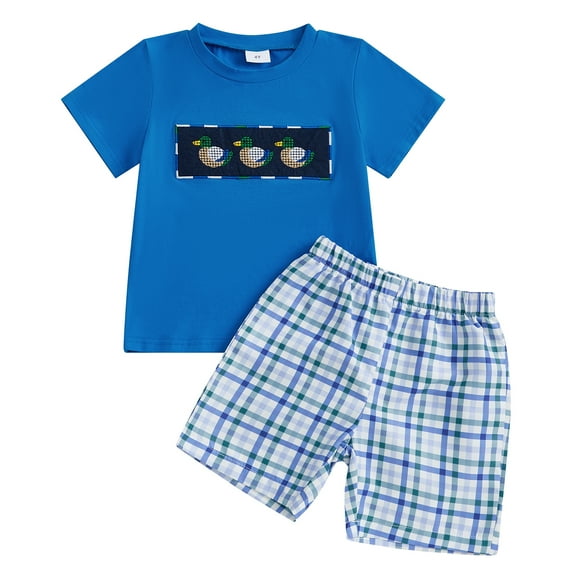 Qmyliery Kids Boys Shorts Set, Short Sleeve Embroidery Duck T-shirt with Plaid Shorts Summer Outfit 3 4 5 6 7 Years
