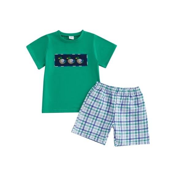 Qmyliery Kids Boys Shorts Set, Short Sleeve Embroidery Duck T-shirt with Plaid Shorts Summer Outfit 3 4 5 6 7 Years
