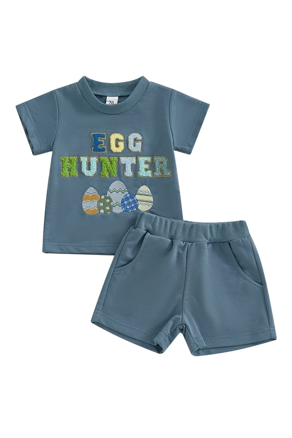 Kids Boys Shorts Set, Short Sleeve Embroidery Letters Eggs T-shirt with Shorts Easter Clothes Summer Outfit 6 12 18 24 Months 3 4 5 Years