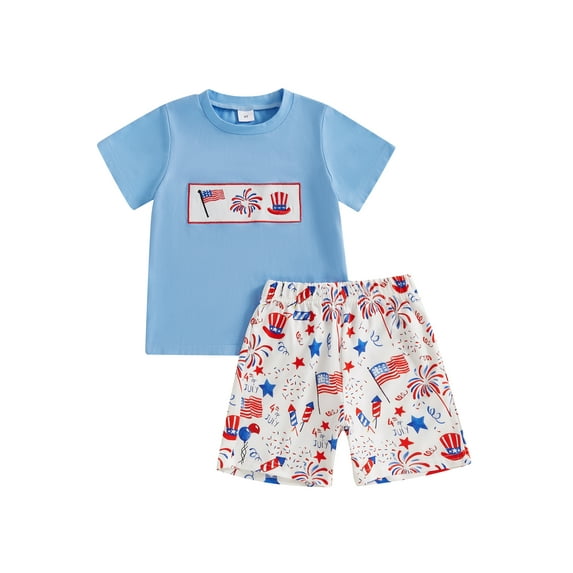 Qmyliery Little Boys 4th of July Outfit American Flag Firework Pattern Crew Neck Short Sleeve T-Shirt and Shorts 2 Pcs Set 3 4 5 6 Years
