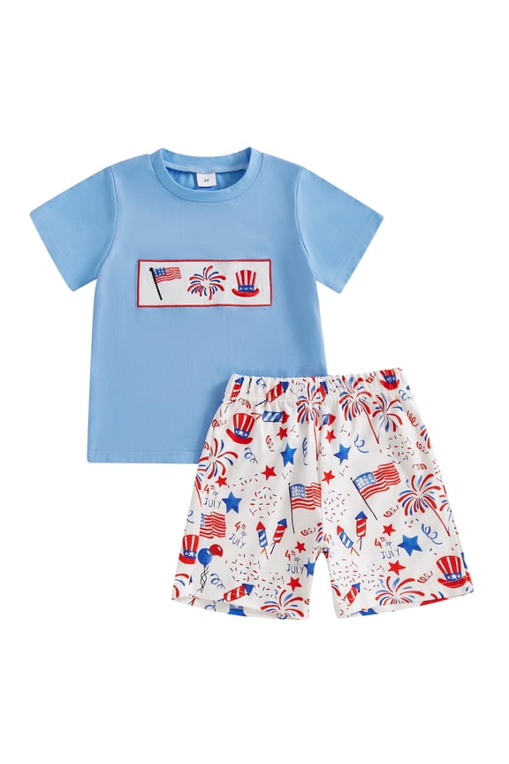 Little Boys 4th of July Outfit American Flag Firework Pattern Crew Neck Short Sleeve T-Shirt and Shorts 2 Pcs Set 3 4 5 6 Years