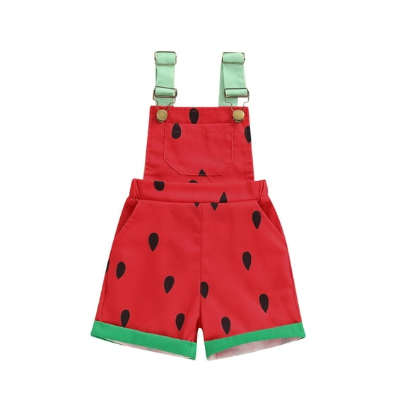 Qmyliery Little Girl Watermelon Overalls Casual Square Neck Shorts Jumpsuit with Pockets for Summer 6 12 18 24 Months 3 4 5 6 Years