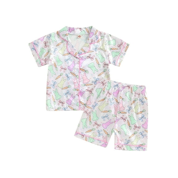 Qmyliery Little Girls Easter Pajamas Set Bunny Pattern Button Down V Neck Short Sleeve Tops and Shorts Lounge Wear 2 Pcs Set 12 18 24 Months 3 4 5 6 Years