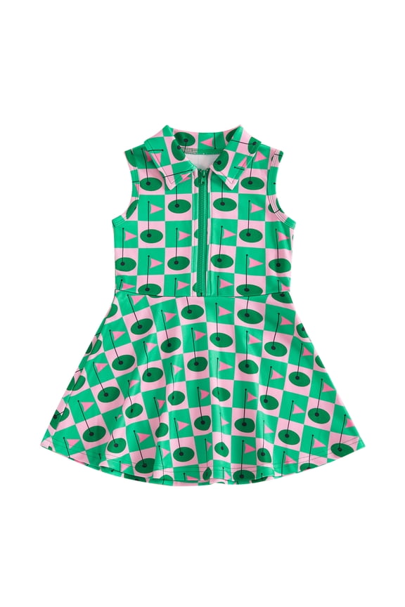 Little Toddler Girl Summer Dress Golf Print/Bow Print Zip Up Turn Down Collar Sleeveless A Line Dress