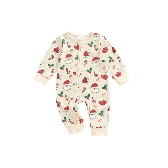 Qmyliery Newborn Baby Christmas Romper Santa Claus Print Long Sleeve Round Neck Zip Jumpsuit for Boys and Girls