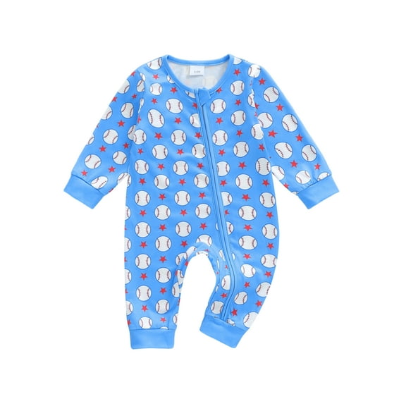 Qmyliery Newborn Baby Fall Romper Baseball Print Long Sleeve Round Neck Zip Jumpsuit for Boys and Girls