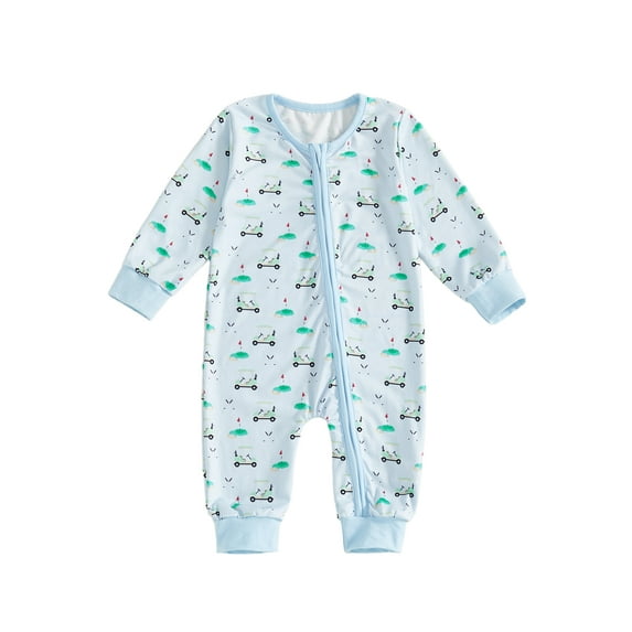 Qmyliery Newborn Baby Fall Romper Golf Print Long Sleeve Round Neck Zip Jumpsuit for Boys and Girls