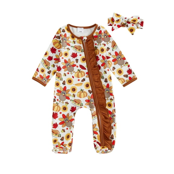 Qmyliery Newborn Baby Romper Halloween Infant Girl Long Sleeve Ruffle Zipped Footed Jumpsuit with Headband 2Pcs Coming Home Outfit