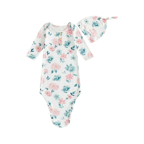 Qmyliery Newborn Girl Knotted Gown and Hat Set Floral Print Long Sleeve Round Neck Button Detail Sleepwear