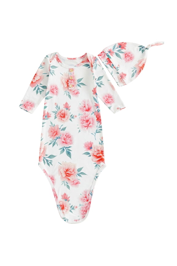 Newborn Girl Knotted Gown and Hat Set Floral Print Long Sleeve Round Neck Button Detail Sleepwear