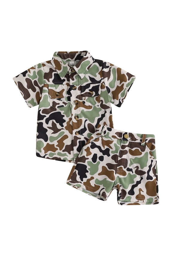 Toddler Baby Boy Summer Outfits Camouflage Pattern Button Down Turn Down Collar Short Sleeve Shirt with Shorts 2 Pcs Set 6 12 18 24 Months 3 4 Years