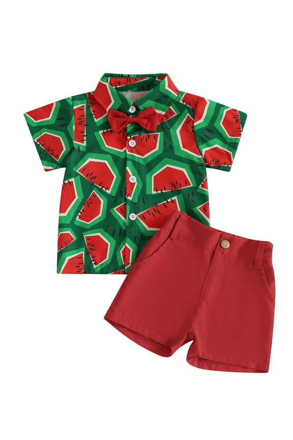 Toddler Baby Boy Summer Outfits Watermelon Pattern Button Down Turn Down Collar Short Sleeve Shirt with Shorts 2 Pcs Set 6 12 18 24 Months 3 4 Years