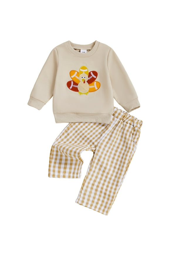 Toddler Baby Boy Thanksgiving Outfit Rugby Turkey Embroidered Long Sleeve Sweatshirt and Pants 2 Pcs Set for Fall