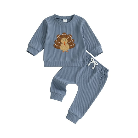 Qmyliery Toddler Baby Boy Thanksgiving Outfit Turkey Embroidered Long Sleeve Pullover Solid Elastic Waist Pants 2 Piece Set