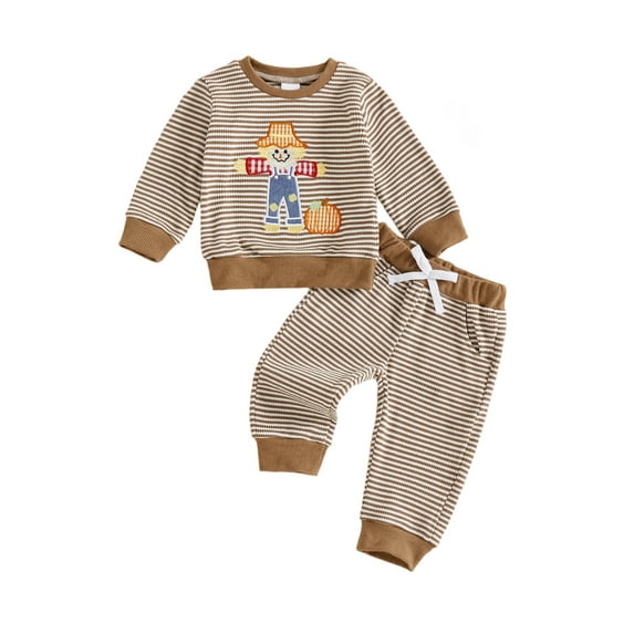 Qmyliery Toddler Baby Boys Striped Set Halloween Pumpkin Embroidery Long Sleeve Pullover with Pants 2 Pcs Outfits