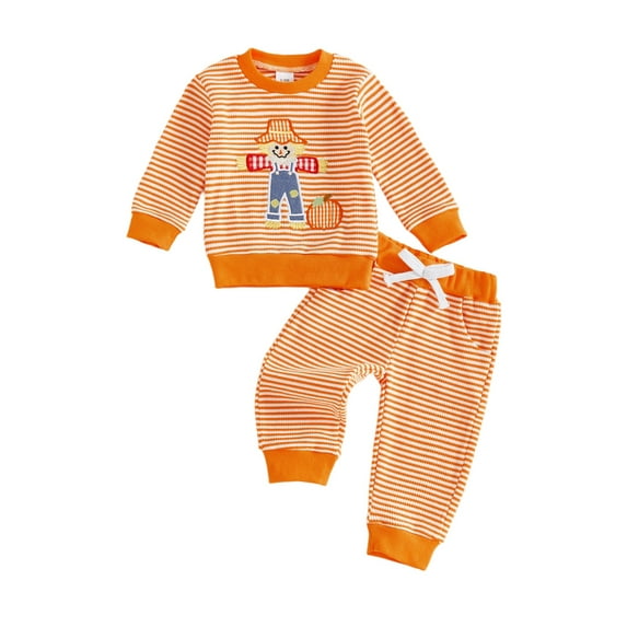 Qmyliery Toddler Baby Boys Striped Set Halloween Pumpkin Embroidery Long Sleeve Pullover with Pants 2 Pcs Outfits