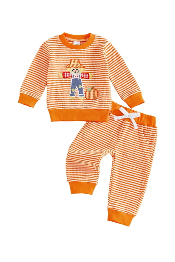 Toddler Baby Boys Striped Set Halloween Pumpkin Embroidery Long Sleeve Pullover with Pants 2 Pcs Outfits