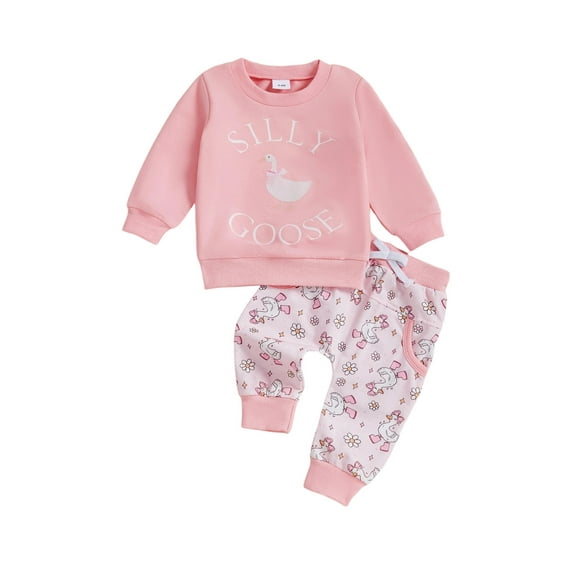 Qmyliery Toddler Baby Girls Fall Set Fashionable Goose Print Long Sleeve Letter Pullover Bow Pants with Pocket 2 Pcs Outfit