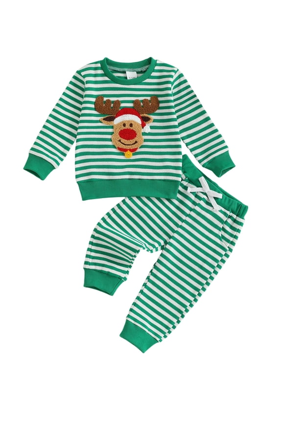 Toddler Baby Striped Set Fashionable Long Sleeve Reindeer Embroidery Pullover with Pants 2 Pcs Christmas Outfit
