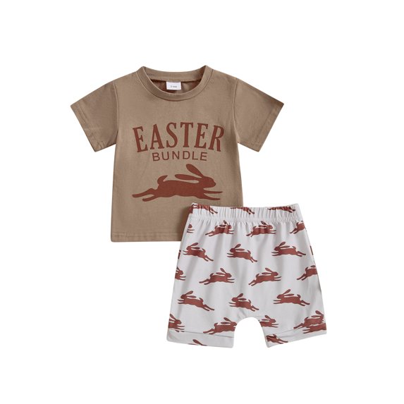 Qmyliery Toddler Boys Easter Outfits Letter Rabbit/Chick Print Round Neck Short Sleeve T-Shirts Elastic Waist Shorts 2Pcs Clothes Set 3 6 12 18 24 Months 3 Years