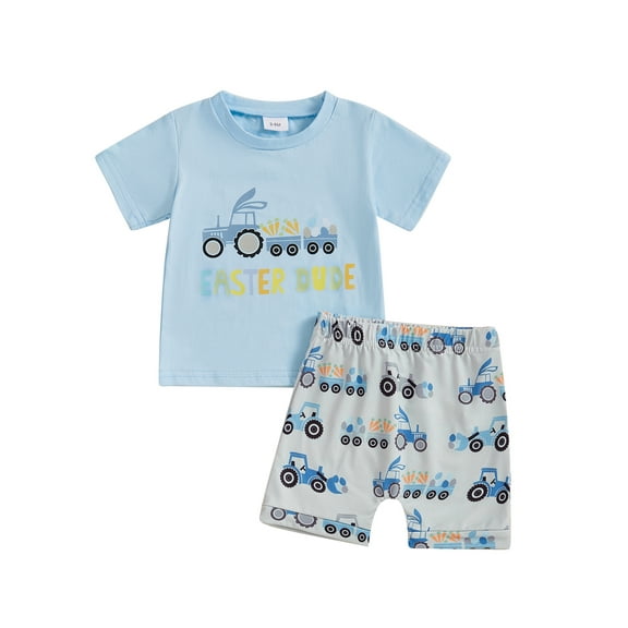 Qmyliery Toddler Boys Easter Outfits Letter Rabbit/Chick Print Round Neck Short Sleeve T-Shirts Elastic Waist Shorts 2Pcs Clothes Set 3 6 12 18 24 Months 3 Years