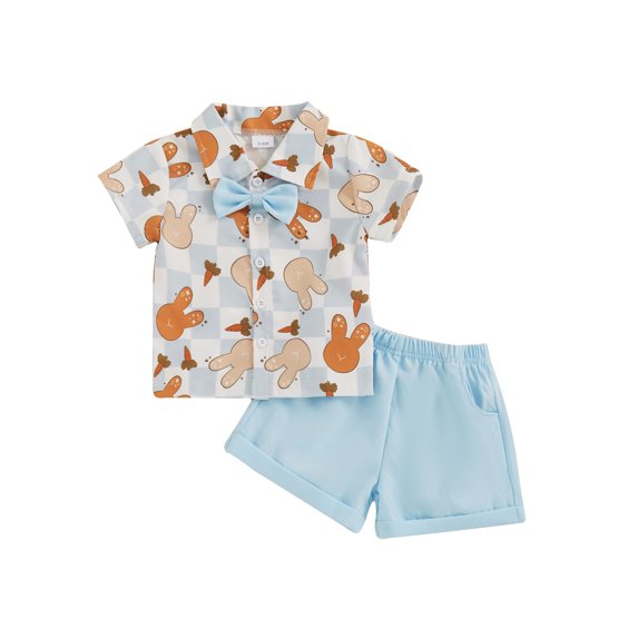 Qmyliery Toddler Boys Easter Shorts Sets Short Sleeve Bunny Carrot Print Tops and Solid Color Shorts Sets 6 9 12 18 24 Months 3 Years