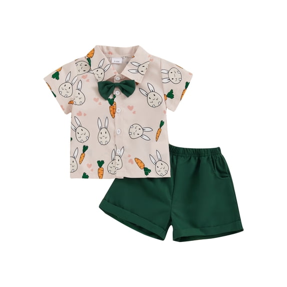 Qmyliery Toddler Boys Easter Shorts Sets Short Sleeve Bunny Carrot Print Tops and Solid Color Shorts Sets 6 9 12 18 24 Months 3 Years