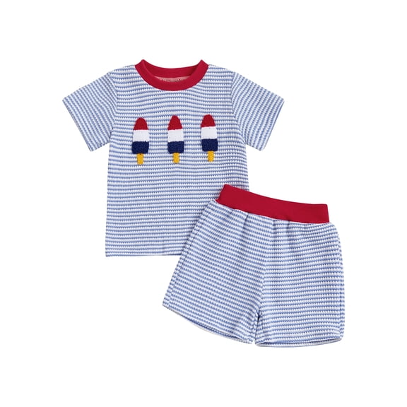 Qmyliery Toddler Boys Independence Day Outfits 3 6 12 18 24 Months 3 Years Ice Cream Embroidery Round Neck Short Sleeve Tops Elastic Waist Shorts 2Pcs Clothes Set